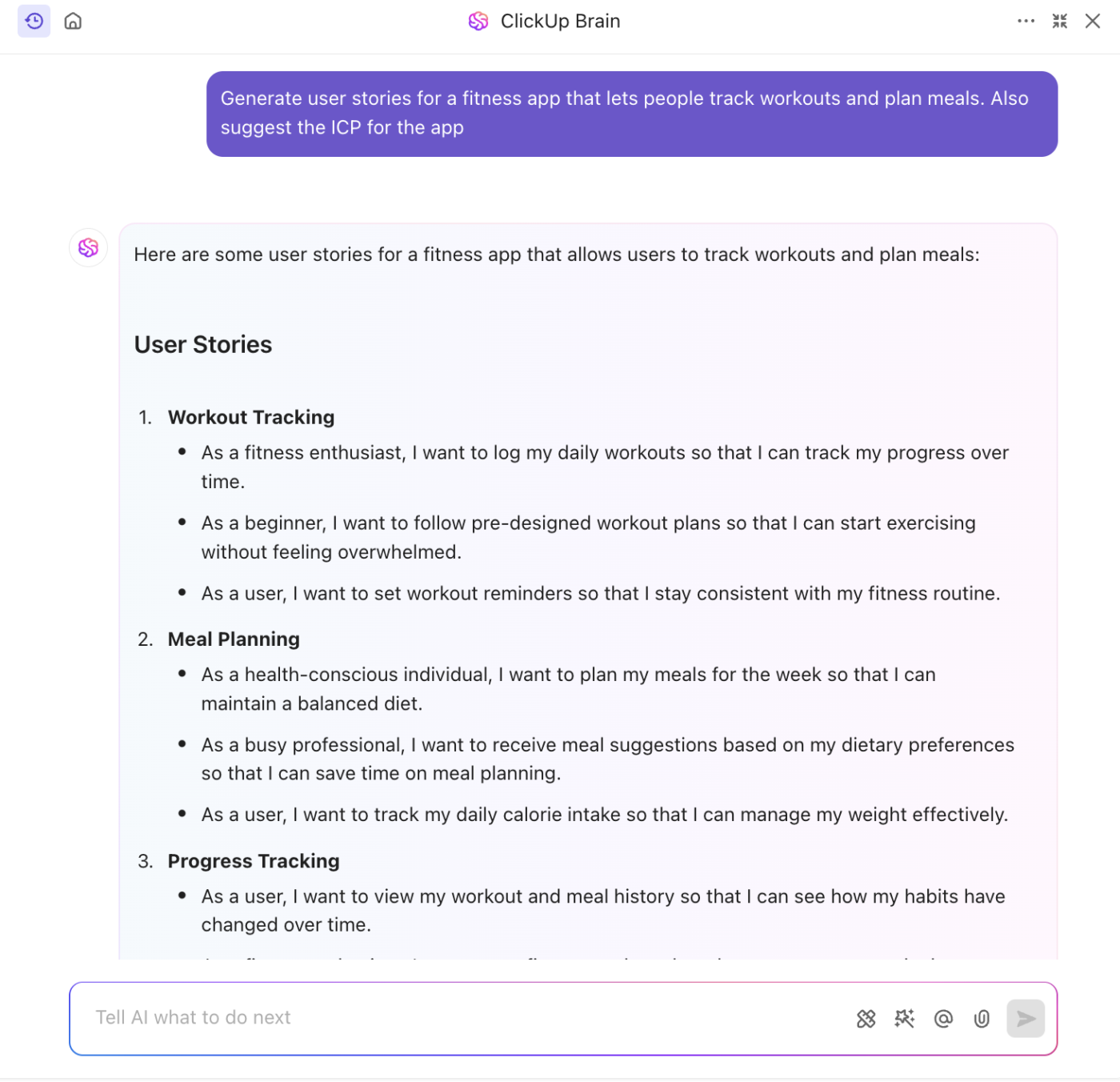 ClickUp Brain user story generation